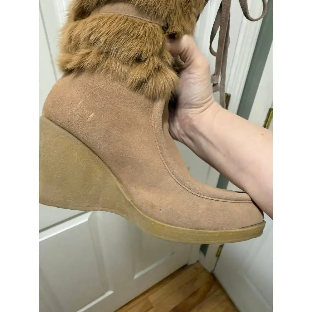 Arleen C Size‎ 8 Suede Sheepskin Rabbit Fur Ski Wedge Boots Tan Knee High Winter